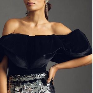 Anthropologie Hutch Black Crushed Velvet Off the Shoulder Corset Crop Top